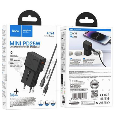 Зарядное устройство на Lightning Hoco AC24 Mini PD25W+QC3.0 (black)