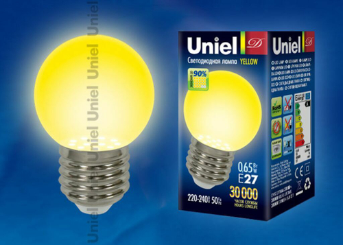 LED-G45-0,65W/YELLOW/E27 Лампа светодиодная для декоративной подсветки UNIEL. Цвет желтый. Упаковка картон.