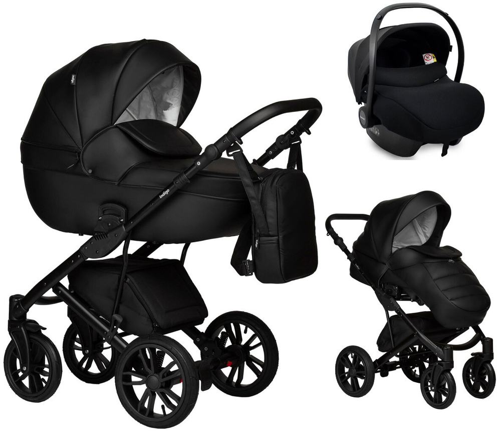 Детская коляска Indigo Mio Eco 3 в 1 с автокреслом Avionaut Cosmo 01 черная кожа