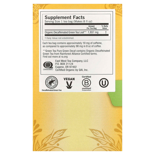 Yogi Tea, чистый зеленый чай, без кофеина, 16 чайных пакетиков, 31 г (1,09 унции)