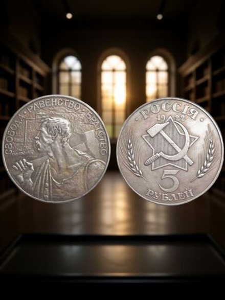 5 рублей 1922 год Россия. Кузнец (Рабочий). Свобода, равенство, братство. Копия пробной монеты посеребрение