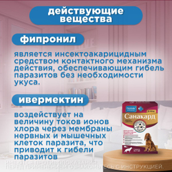 Капли на холку от клещей, блох и гельминтов для щенков и собак средних пород от 5-10 кг Санакард (Pchelodar), 4 пипетки Фипронил/Ивермектин