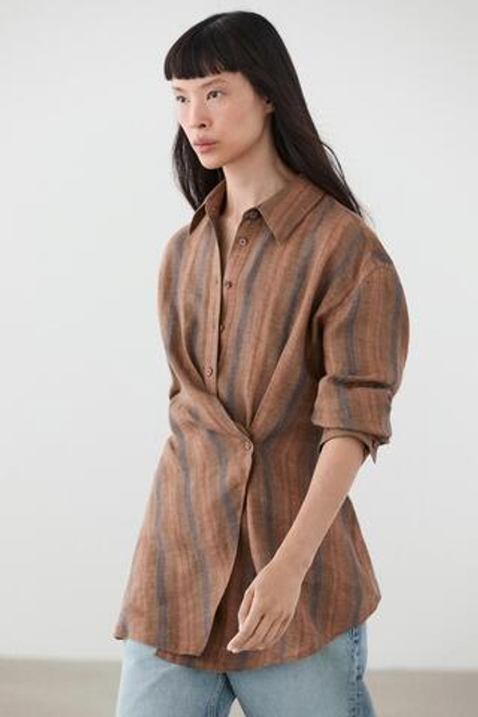 Massimo Dutti Рубашка из 100% льна в полоску с запахом, коричневый