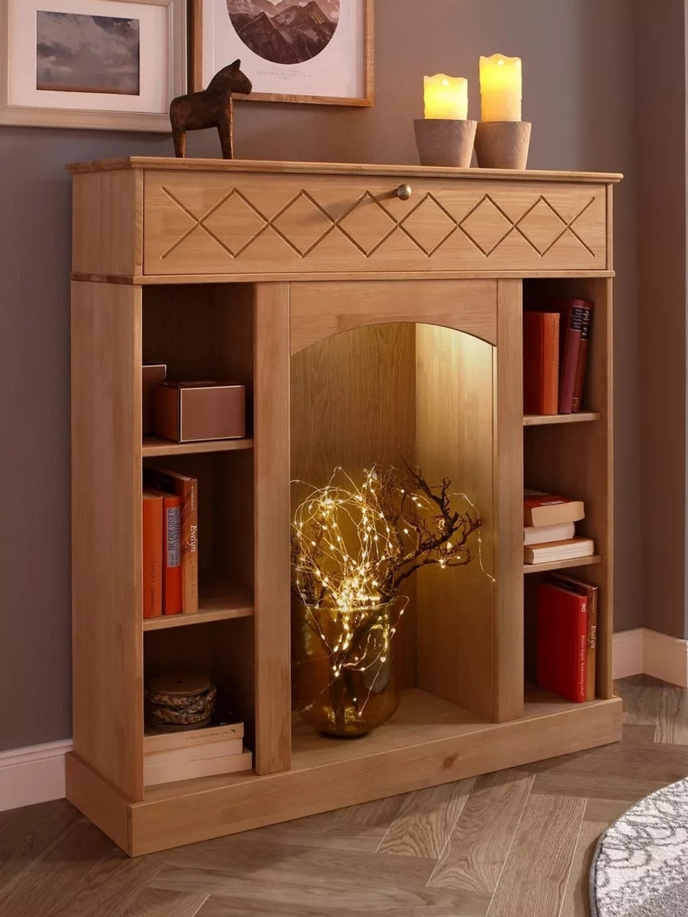 Камин-стеллаж Абау 1 ящик с подсветкой, натуральный