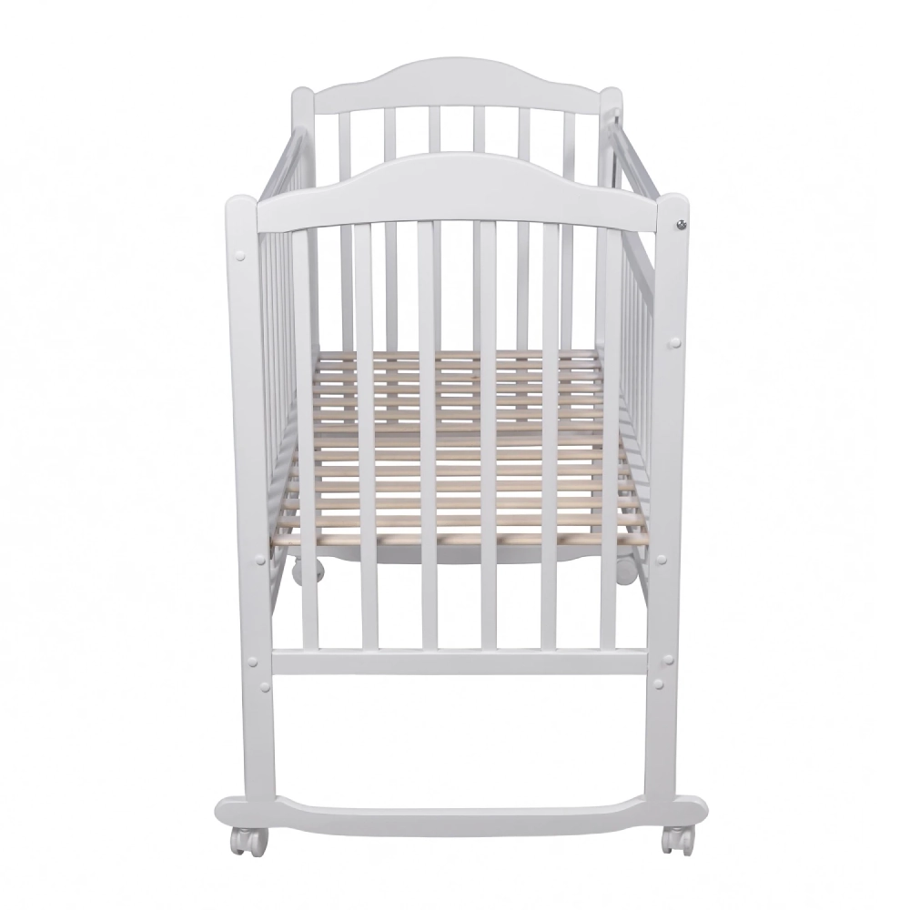 Кровать детская Мой малыш 4 (колесо-качалка, опуск.планка, накладка ПВХ) белый