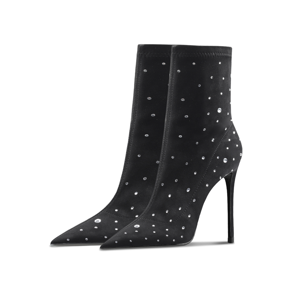 Suyymakk Full Rhinestones Suede Ankle Boots Super High Heel Women"s Black