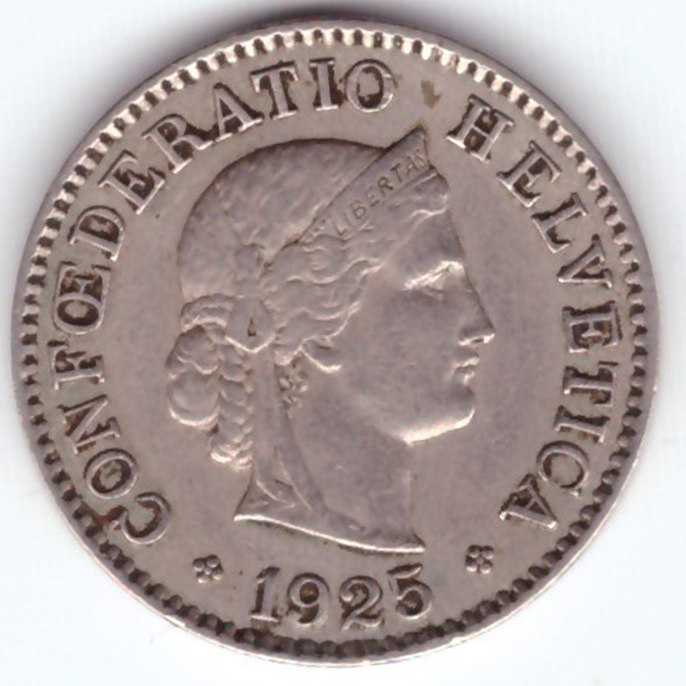 5 раппенов 1925 год. Швейцария. Медно-никель VF-XF