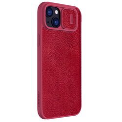 Кожаный чехол книжка красного цвета от Nillkin для смартфона iPhone 15, серия Qin Pro Leather с защитной шторкой для камеры