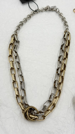 Колье двойная цепь из звеньев скрепок с шайбой, оттенок золото и серебро