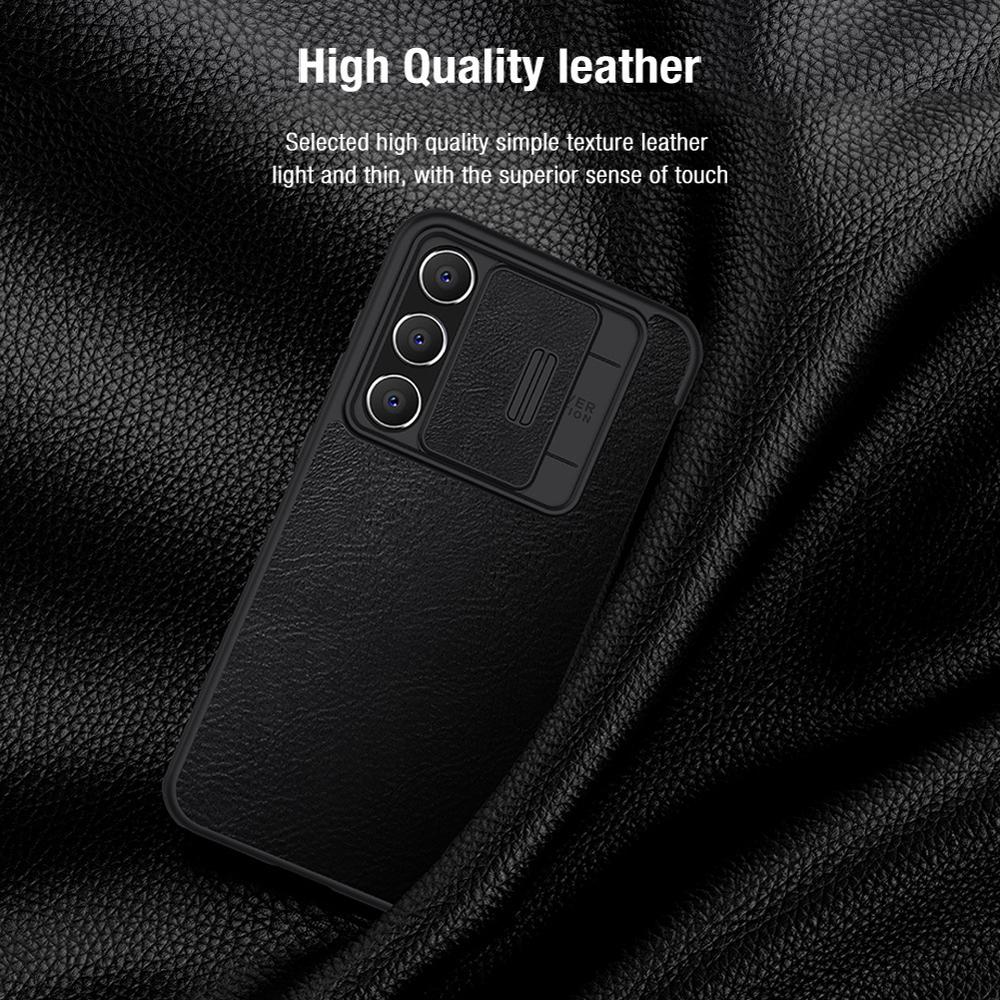 Кожаный чехол книжка от Nillkin для смартфона Samsung Galaxy S23 FE, серия Qin Pro Leather с защитной шторкой для камеры