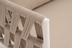 "Диего" диван 2-местный плетеный из роупа, каркас алюминий белый муар, роуп бежевый круглый, ткань бежевая 052