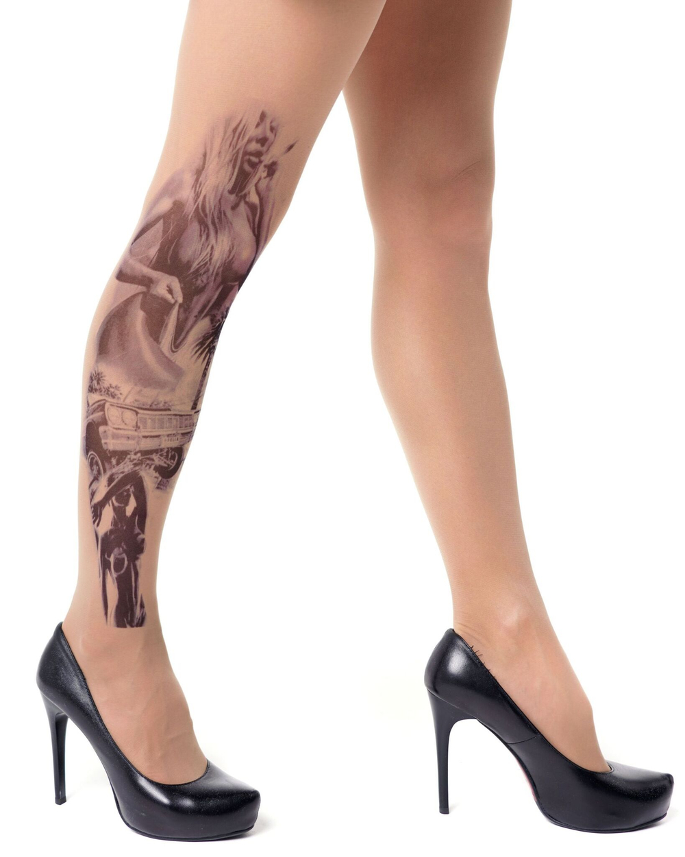 Колготки с принтом в виде соблазнительной девушки (Размер: S-M-L) (Цвет: бежевый)