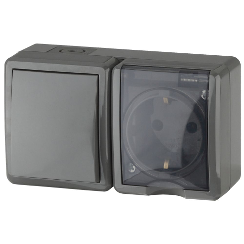 Блок розетка с выключателем ЭРА Эксперт 11-7401-03 IP54 16A-10AX-250В ОУ серый