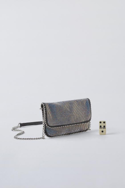 ZARA МЕТАЛЛИЧЕСКАЯ СУМКА СО СТРАЗАМИ, СЕРЕБРИСТЫЙ