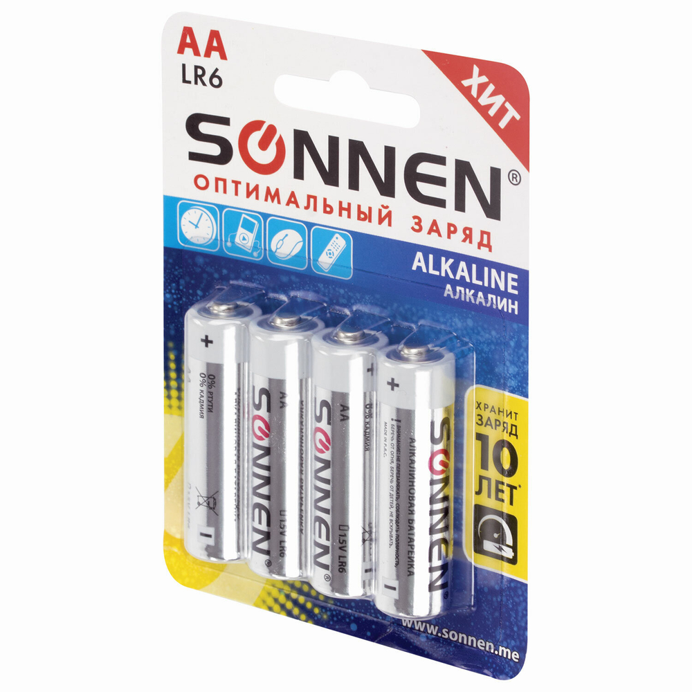 Батарейки комплект 4 шт. SONNEN Alkaline АА (LR6 15А) алкалиновые пальчиковые блистер (12 штук в упаковке)