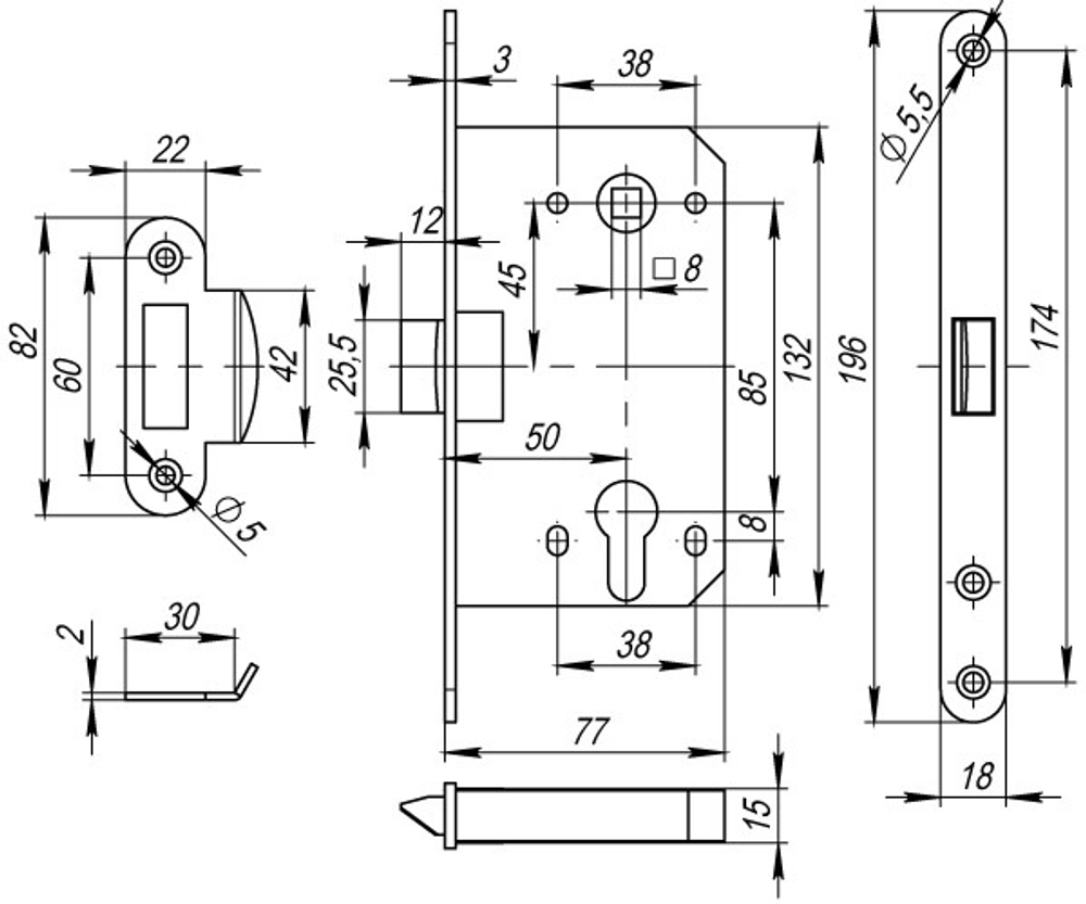 Корпус врезного замка c защёлкой PLASTP85C-50 (P85C-50) AB бронза
