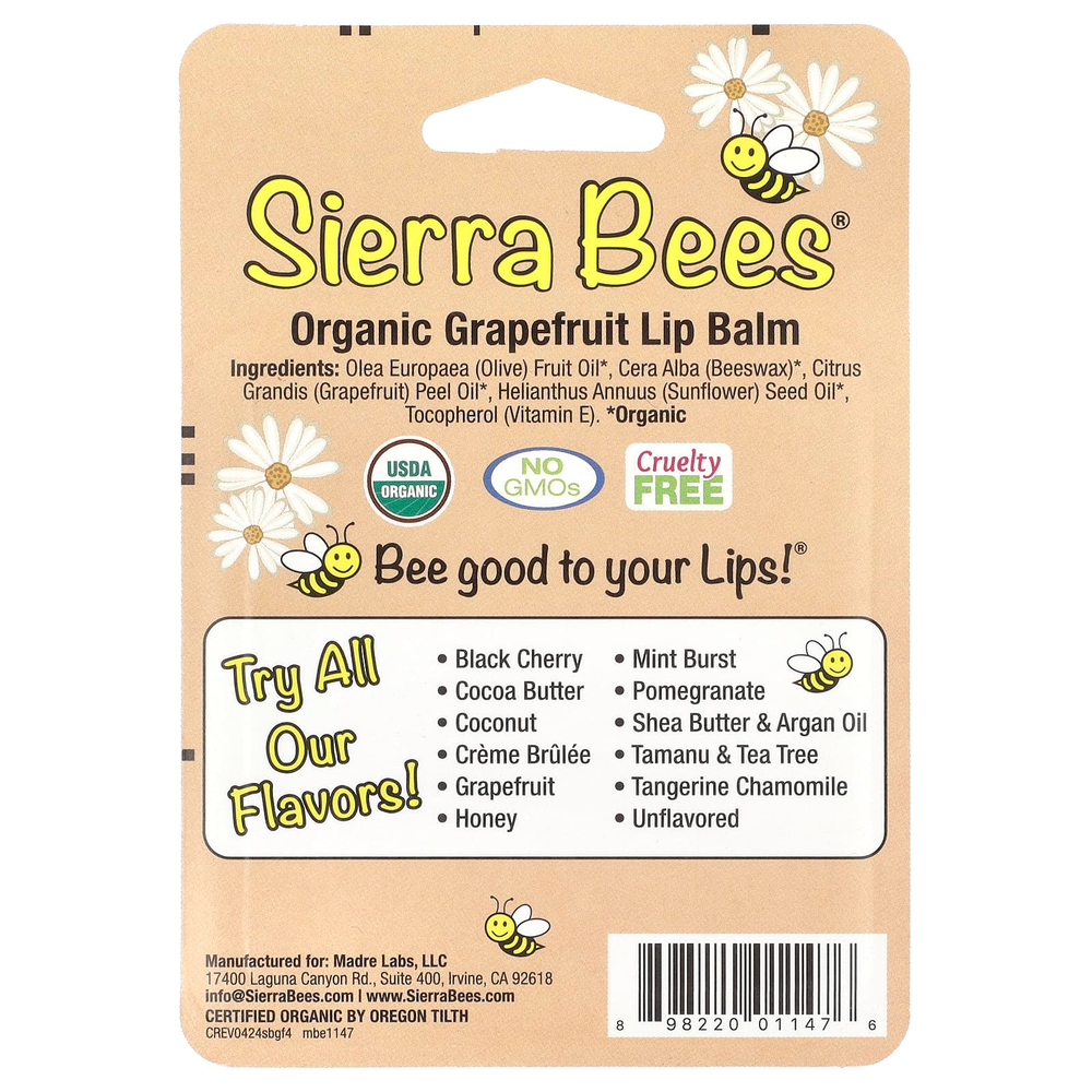 Sierra Bees, органические бальзамы для губ, грейпфрут, 4 шт. по 4,25 г (0,15 унции)