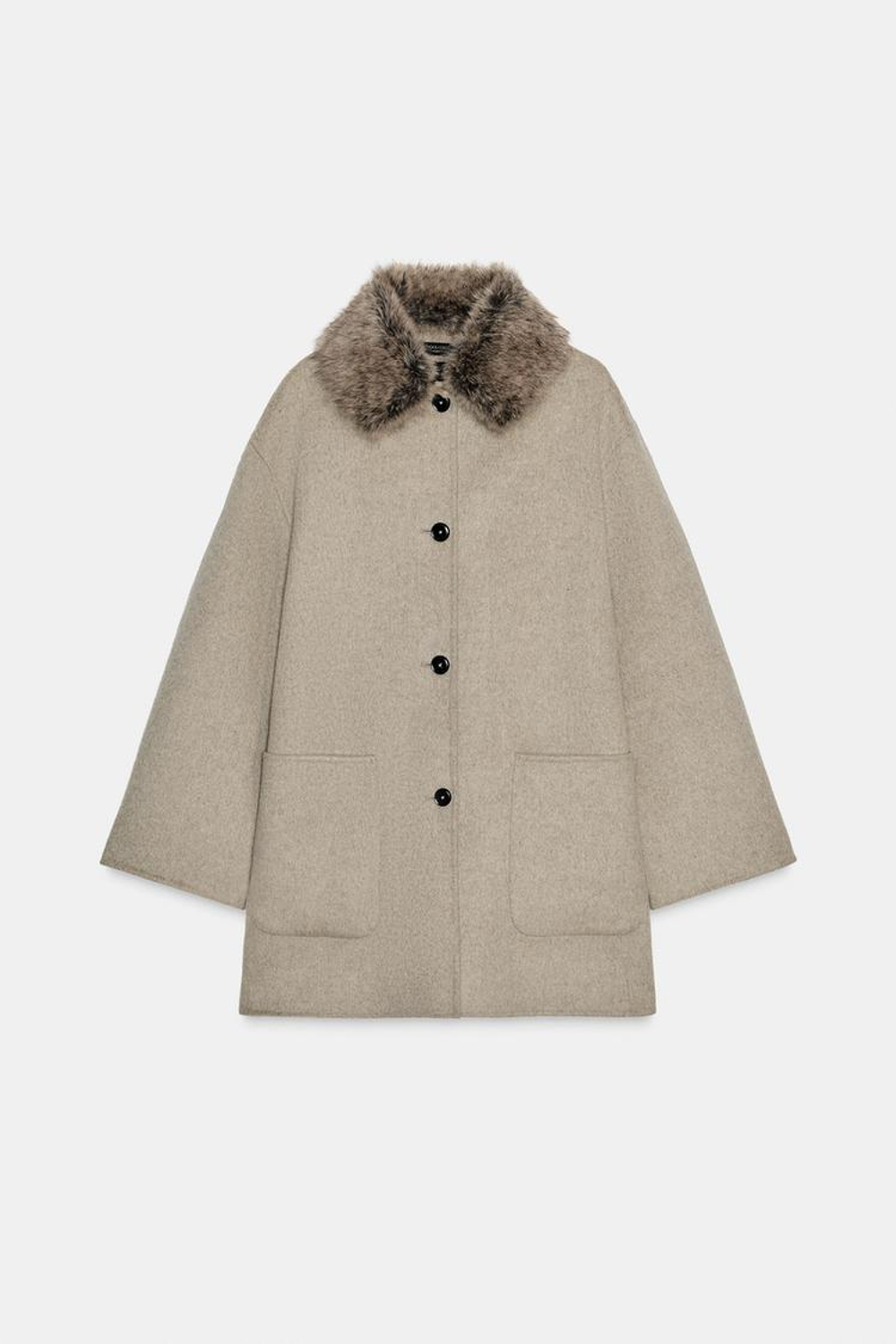 ZARA ПАЛЬТО ИЗ ШЕРСТИ С ВОРОТНИКОМ ИЗ ИСКУССТВЕННОГО МЕХА — ZW COLLECTION, РЫЖЕВАТО-КОРИЧНЕВЫЙ