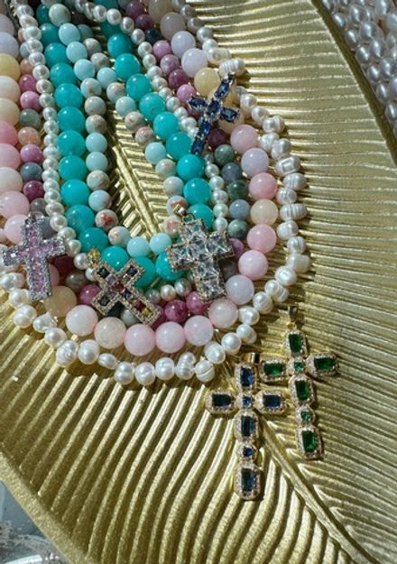 Подвеска "Крест" с кристаллами mix, 24мм