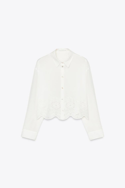 ZARA УКОРОЧЕННАЯ БЛУЗА С АЖУРНОЙ ВЫШИВКОЙ, БЕЛЫЙ