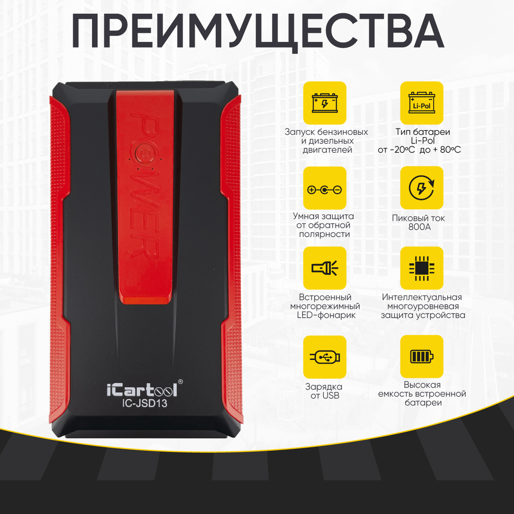 Пусковое устройство 12В, 7 200 мАч, 400/800А iCartool IC-JSD13