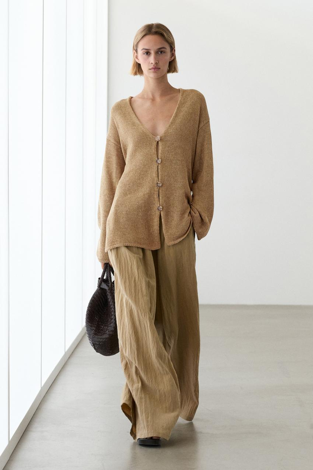 Massimo Dutti Длинный вязаный кардиган с V-образным вырезом, цвет верблюжьей шерсти
