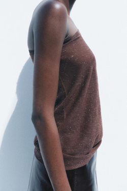 ZARA ТРИКОТАЖНЫЙ ТОП АСИММЕТРИЧНОГО КРОЯ, КОРИЧНЕВЫЙ