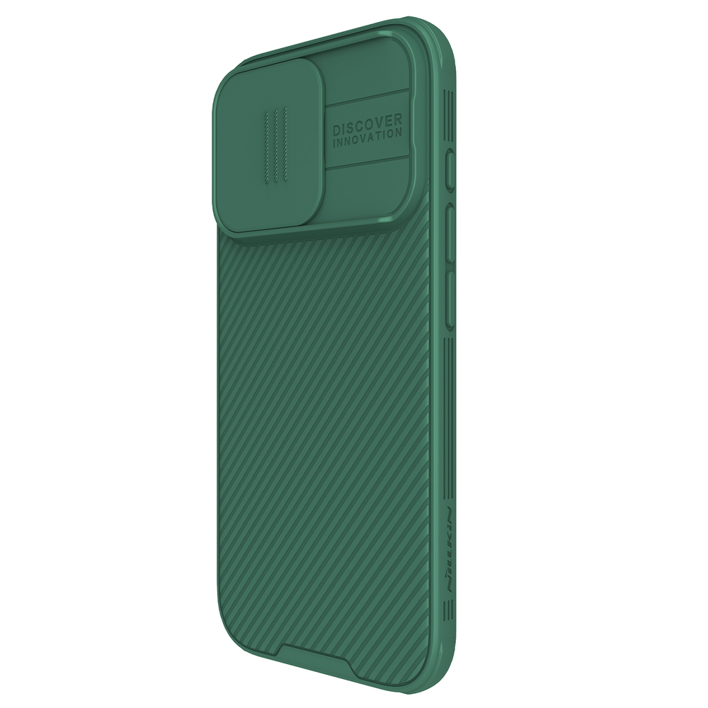 Чехол зеленого цвета (Dark Green) с сдвижной шторкой для камеры от Nillkin для iPhone 16 Pro, серия CamShield Pro Case
