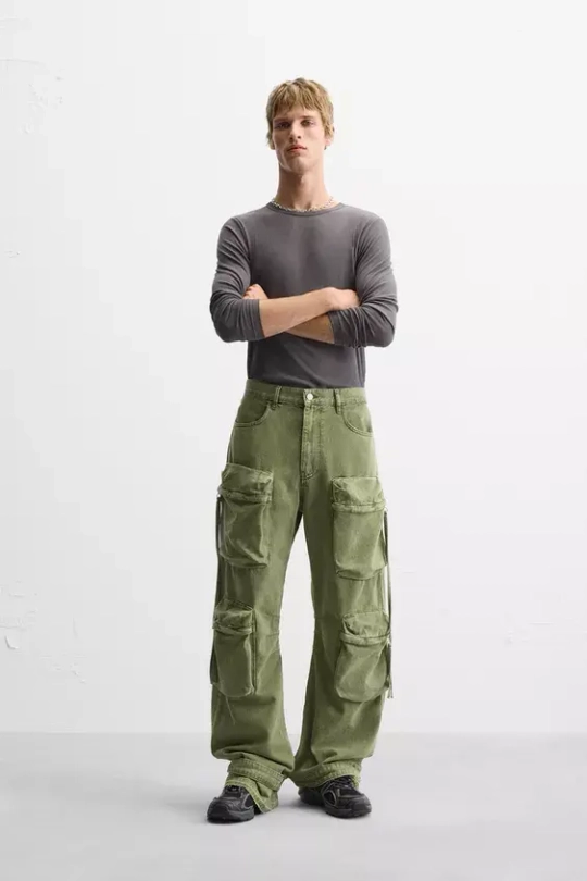 ZARA ДЖИНСЫ КАРГО С КАРМАНАМ, ЗЕЛЕНЫЙ