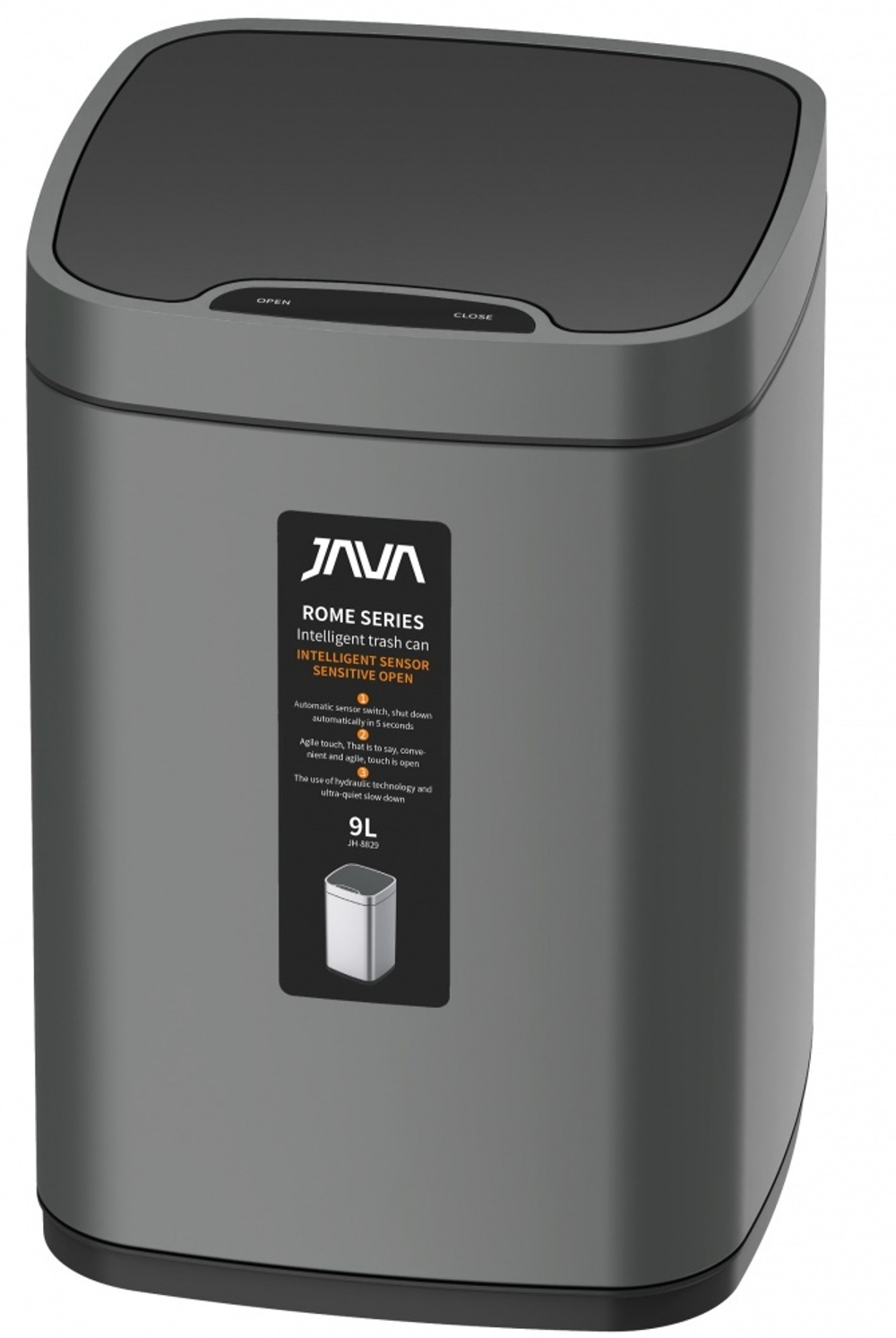 Ведро для мусора СЕНСОРНОЕ (квад.  СЕРЫЙ)  9л. JAVA