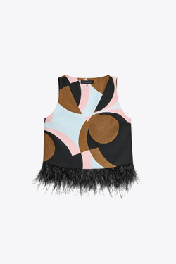 ZARA ТОП ИЗ ТКАНИ С ПРИНТОМ С ПЕРЬЯМИ, ЧЕРНЫЙ