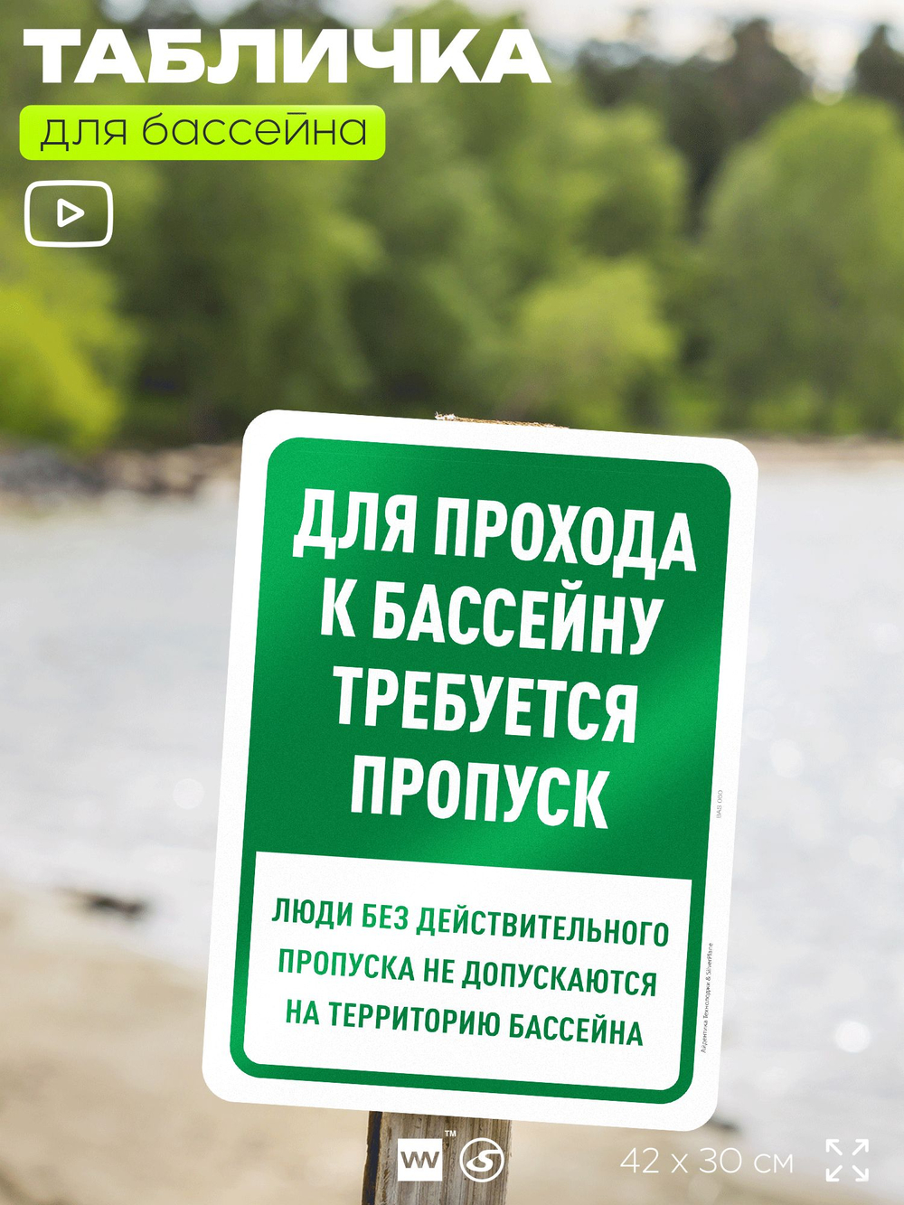 Табличка для бассейна "Для прохода к бассейну требуется пропуск", на пляж, для общественной и частной зоны отдыха, информационная, 40х30 см, Silver Plane x Айдентика Технолоджи