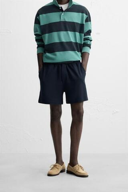 ZARA ШОРТЫ-БЕРМУДЫ RELAXED FIT ИЗ РЕЛЬЕФНОЙ ТКАНИ, МОРСКОЙ СИНИЙ
