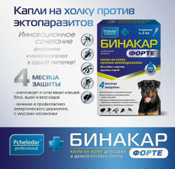 Бинакар форте для собак, препарат для защиты и борьбы с двукрылыми насекомыми, иксодовыми, саркоптоидными клещами и блохами
