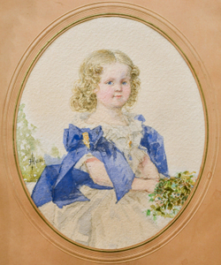 Гау В. И. (?) Девочка в белом с голубыми бантами. Карандаш, акварель. Европа.