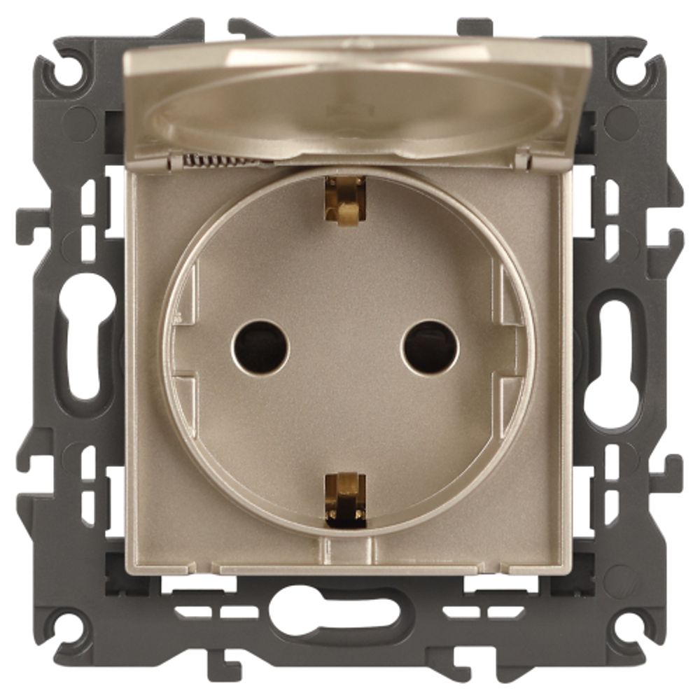 14-2103-04 ЭРА Розетка 2P+E Schuko со шторками с крышкой, 16A-250В, IP20, Эра Elegance, шампань (10/