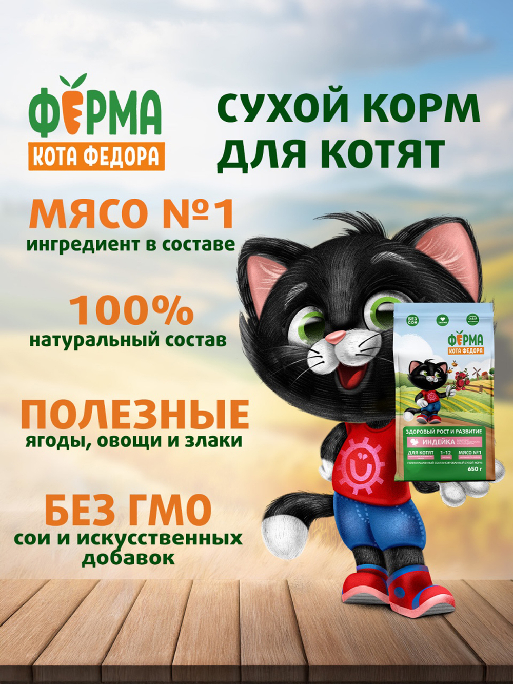 Сухой корм Ферма кота Федора для котят от 1 месяца, беременных и кормящих кошек с индейкой 650 г