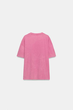 ZARA ФУТБОЛКА С ЭФФЕКТОМ ПОТЕРТОСТИ И БЛЕСТКАМИ, РОЗОВЫЙ