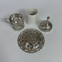 Кофейный набор "Хюрем" на 2 персоны с лукумницей и подносом/ACAR. Турция (серебристый)