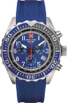 С ремешком Мужские наручные часы с синим силиконовым ремешком Swiss Alpine Military 7076.9835 chrono 44mm 10ATM