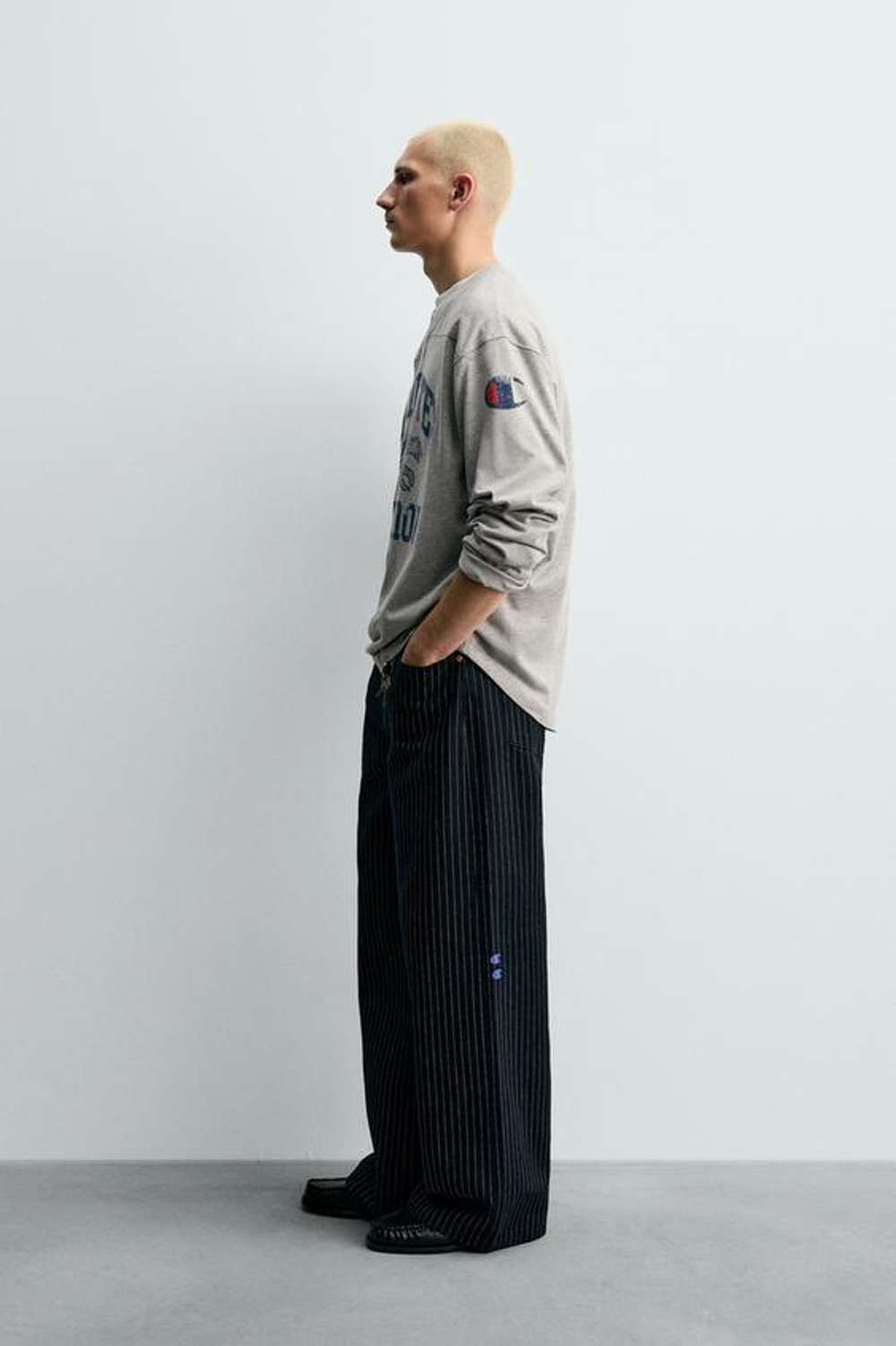 ZARA X CHAMPION ® ДЖИНСЫ BAGGY FIT В ПОЛОСКУ, СИНИЙ