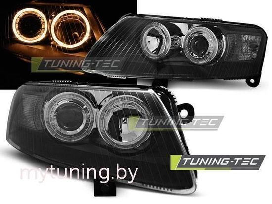 Передние фары Audi A6 C6 angel eyes black