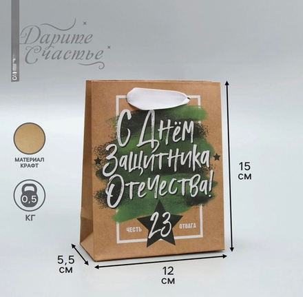 Пакет подарочный крафтовый, упаковка, «С 23 февраля», 12×15×5.5 см