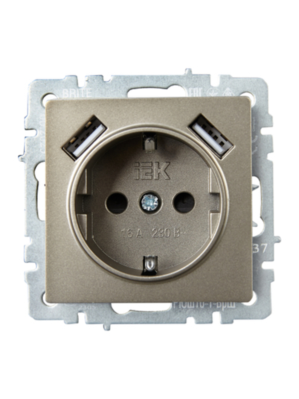 BRITE Розетка 1-местная с заземлением с защитными шторками 16А с USB A+A 5В 2,1А РЮш10-1-БрШ шампань IEK