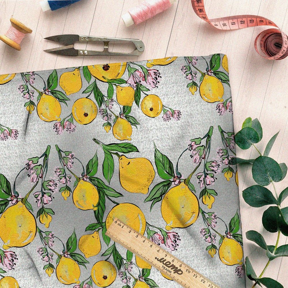 Ткань барби лимоны на сером