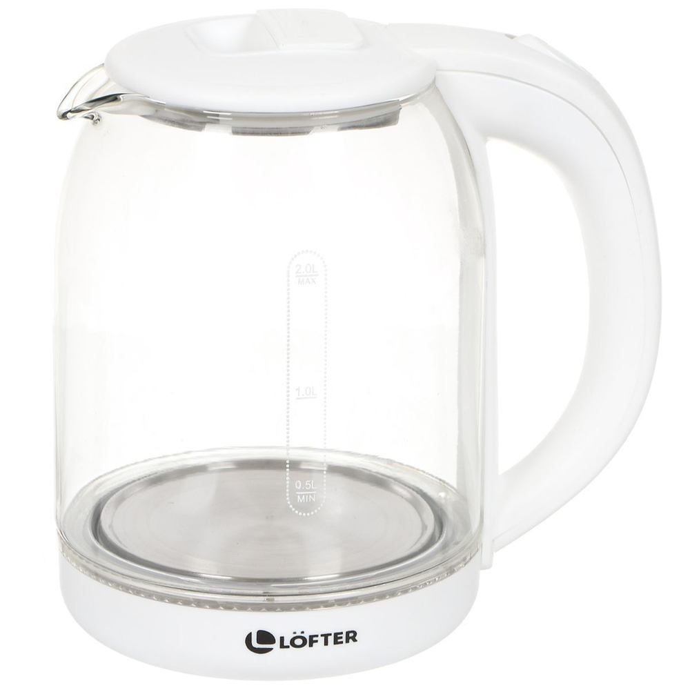 Чайник электрический Lofter, C01, белый, 2 л, 1500 Вт, скрытый нагревательный элемент, стекло