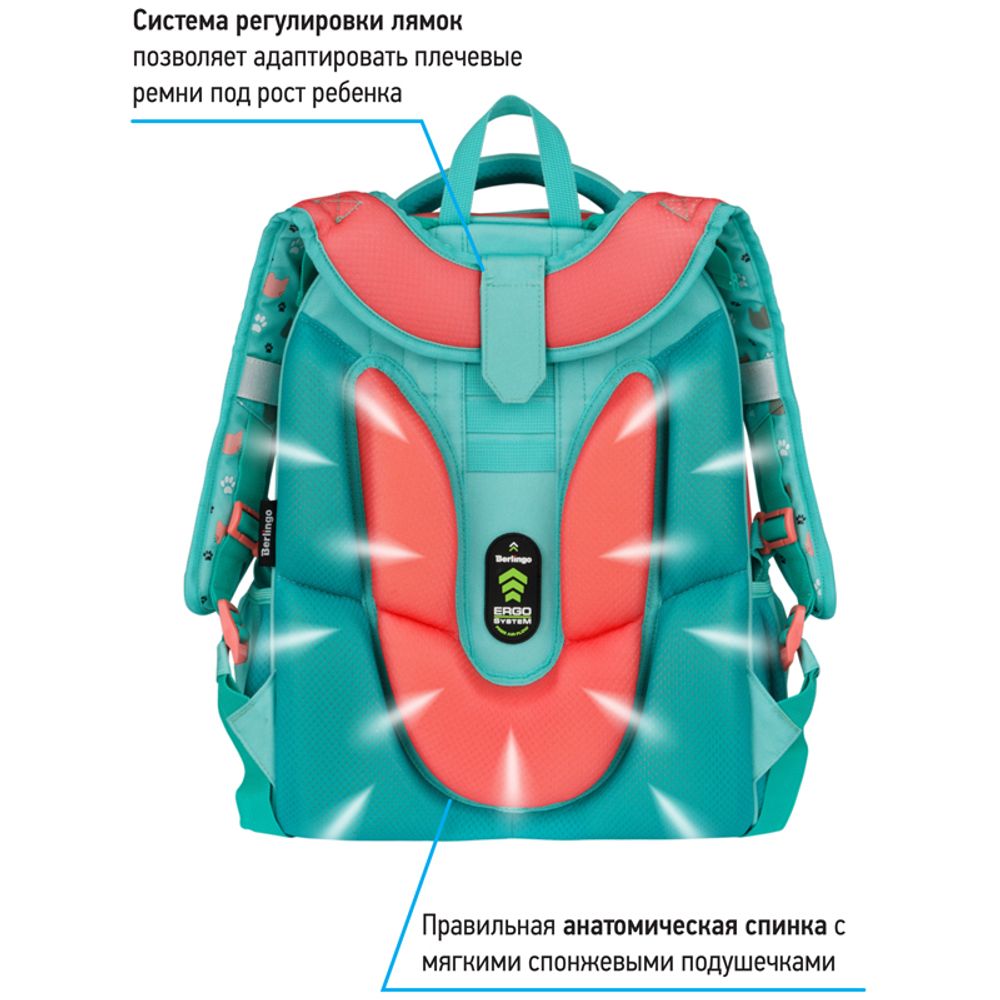 Ранец Berlingo Expert Max Kittens green 37х28х16см, 2 отд., с анат. спинкой + дождевик