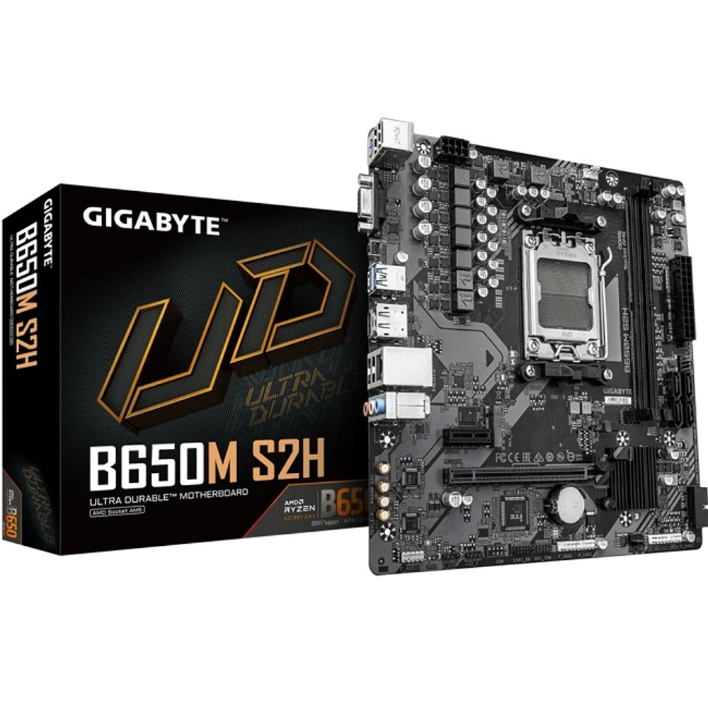 Материнская плата GIGABYTE B650M S2H (AM5/AMD B650/2xDDR5/PCI-Ex16/M.2/SB7.1/GLAN/DisplayPort/HDMI/VGA/mATX)