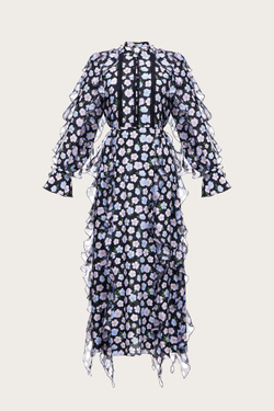 ПЛАТЬЕ-МИДИ ИЗ ЧЕРНОЙ ШЕЛКОВОЙ ОРГАНЗЫ С АВТОРСКИМ ПРИНТОМ