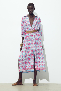 ZARA ПЛАТЬЕ МИДИ С ПРИНТОМ И ПОЯСОМ, РАЗНОЦВЕТНЫЙ